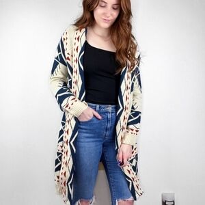 Oliver by Escio Anthro Open Front Long Cardigan Aztec Print Size XL